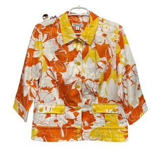 Coldwater Creek Womens Floral Blazer Jacket Size 14 Orange Yellow Candy Corn